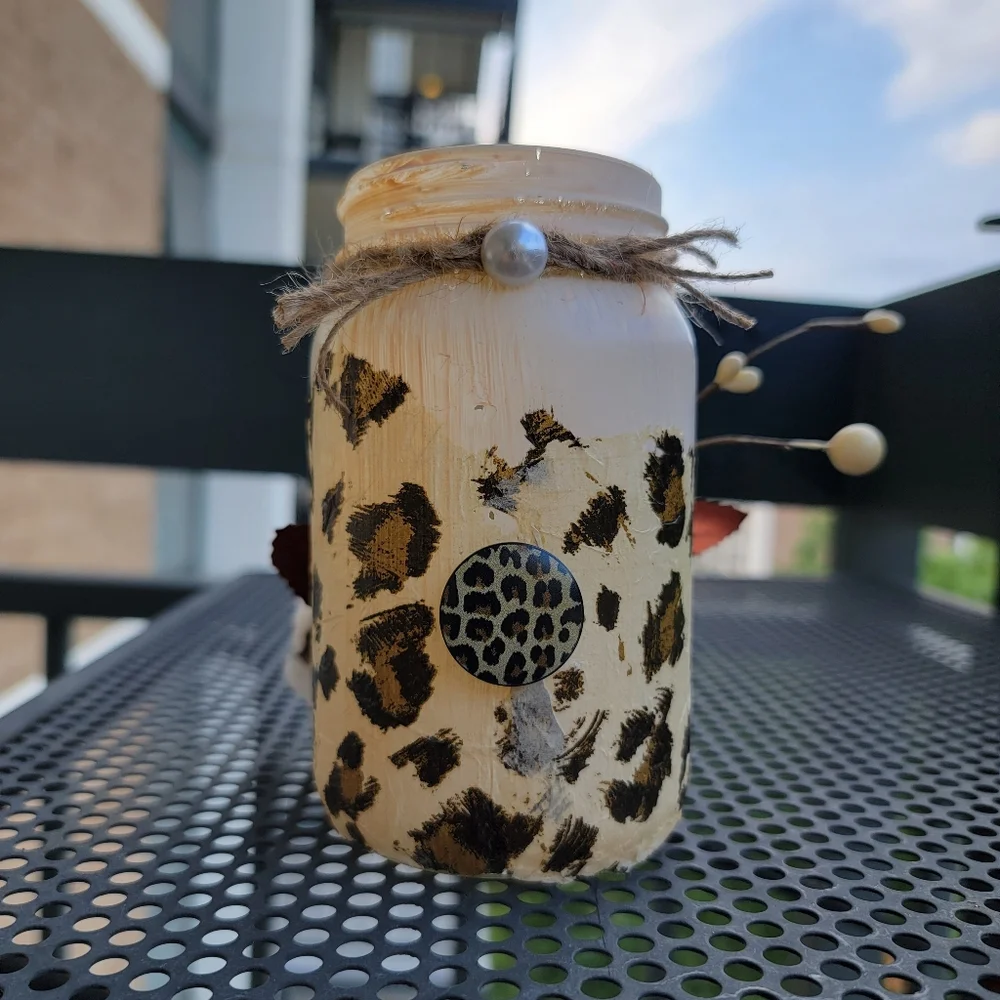 Decoupage Fall/Autumn leaf Animal print Mason jar Handmade